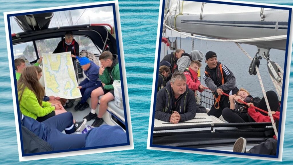 Young people having fun learning to sail, and a group learning how to read a map