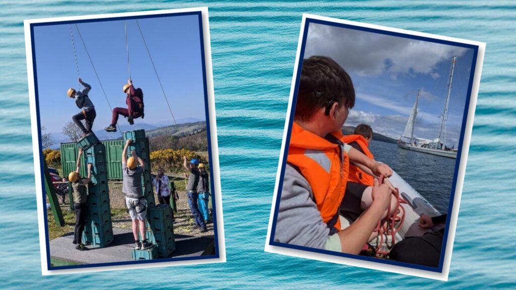 Two photos - one of teenagers climbing on rope wires, the second of young boys sailing
