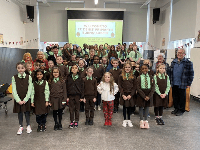 A group photo of Primary 7 pupils at St Denis's Primary