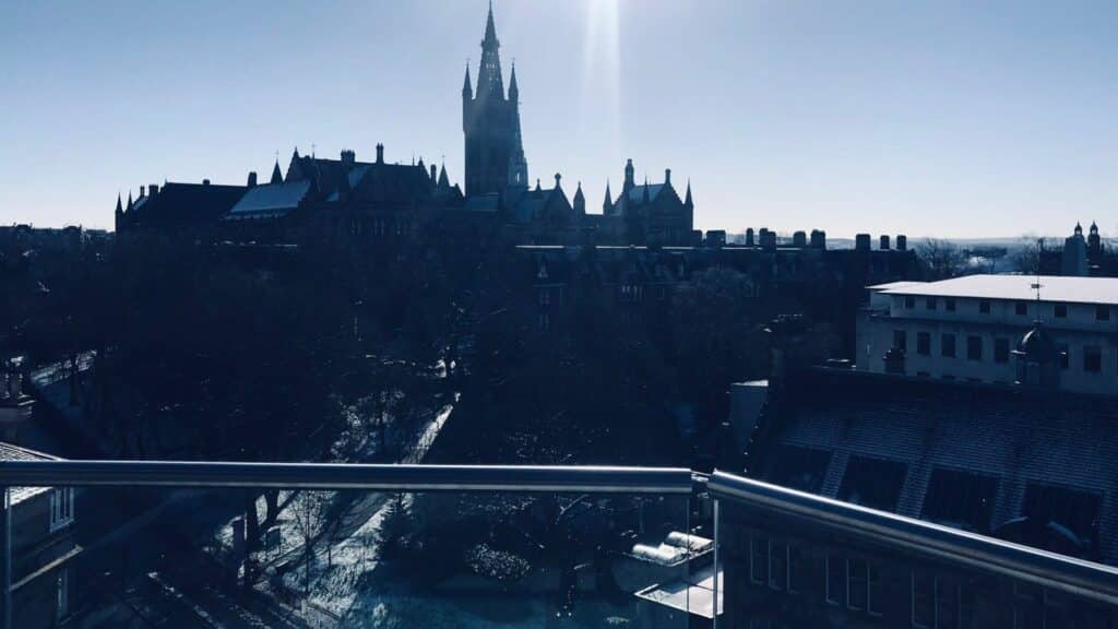 A view of the university of Glasgow and skyline from the balcony of the James McCune Smith Learning Hub